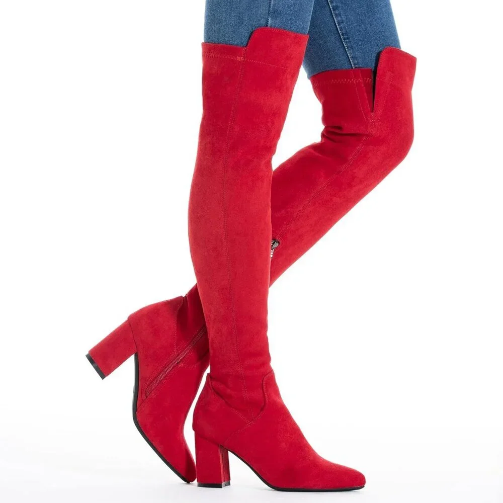 Women's Red Suede High Thigh Low Block Stylish Over-the-Knee Heel boot